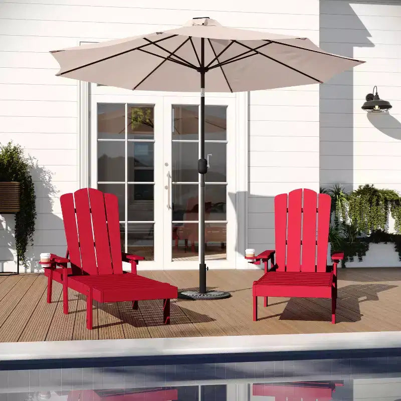 Merrick Lane Set of 2 Indoor/Outdoor Adjustable Adirondack Loungers with Fold Out Cupholders- Recycled All-Weather Indoor/Outdoor HDPE Lounge Chairs