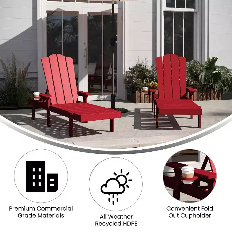 Merrick Lane Set of 2 Indoor/Outdoor Adjustable Adirondack Loungers with Fold Out Cupholders- Recycled All-Weather Indoor/Outdoor HDPE Lounge Chairs