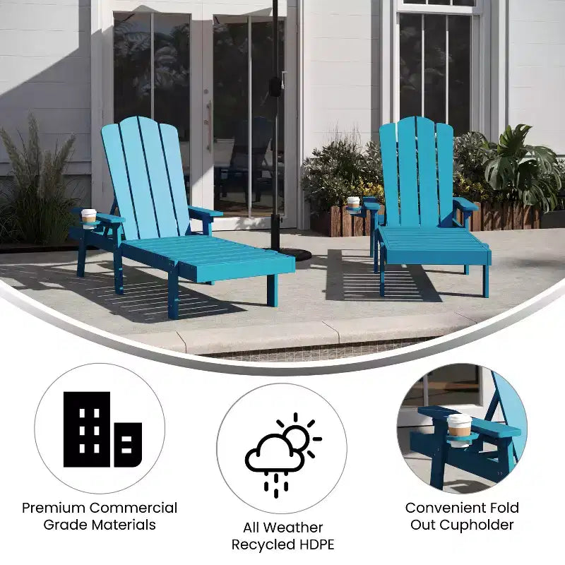 Merrick Lane Set of 2 Indoor/Outdoor Adjustable Adirondack Loungers with Fold Out Cupholders- Recycled All-Weather Indoor/Outdoor HDPE Lounge Chairs