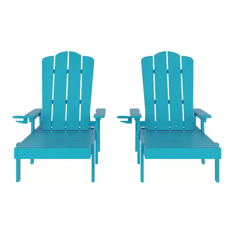 Merrick Lane Set of 2 Indoor/Outdoor Adjustable Adirondack Loungers with Fold Out Cupholders- Recycled All-Weather Indoor/Outdoor HDPE Lounge Chairs