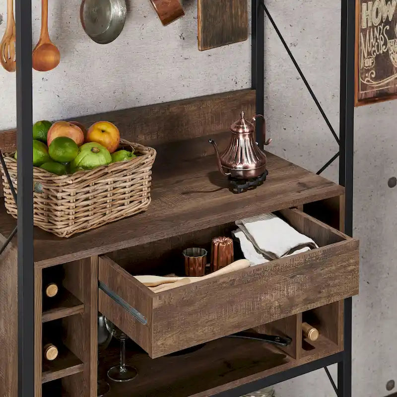 DH BASIC Industrial Reclaimed Oak 67-inch Metal 6-Wine Slots Baker's Rack by Denhour