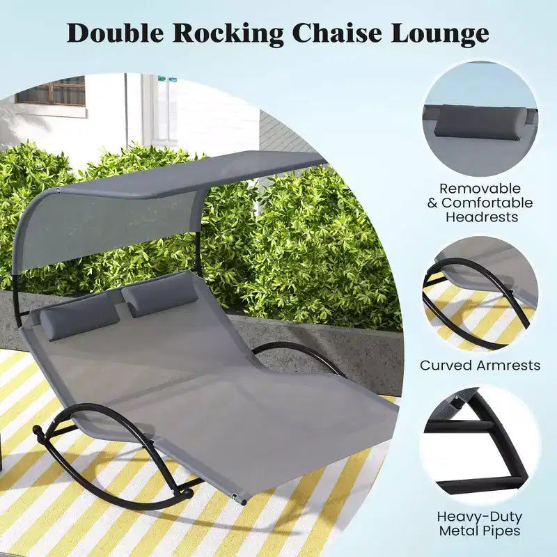 Costway Outdoor Dual Rocker Sunbed 2-Person Canopied Lounger with 2 Detachable Headrests