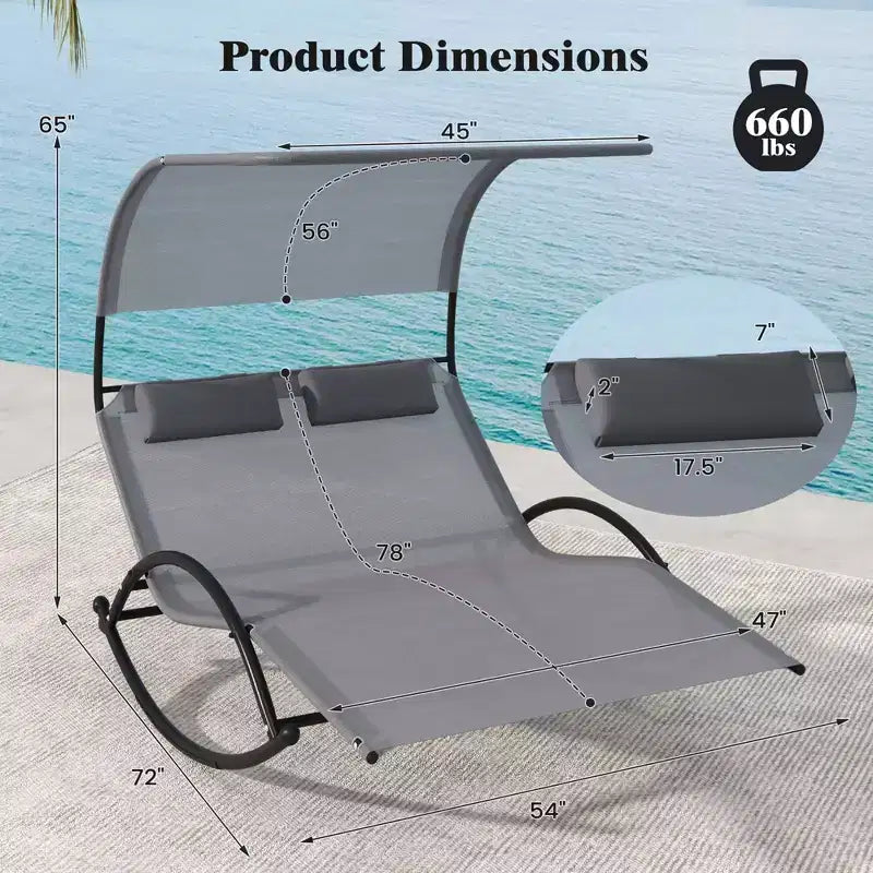 Costway Outdoor Dual Rocker Sunbed 2-Person Canopied Lounger with 2 Detachable Headrests