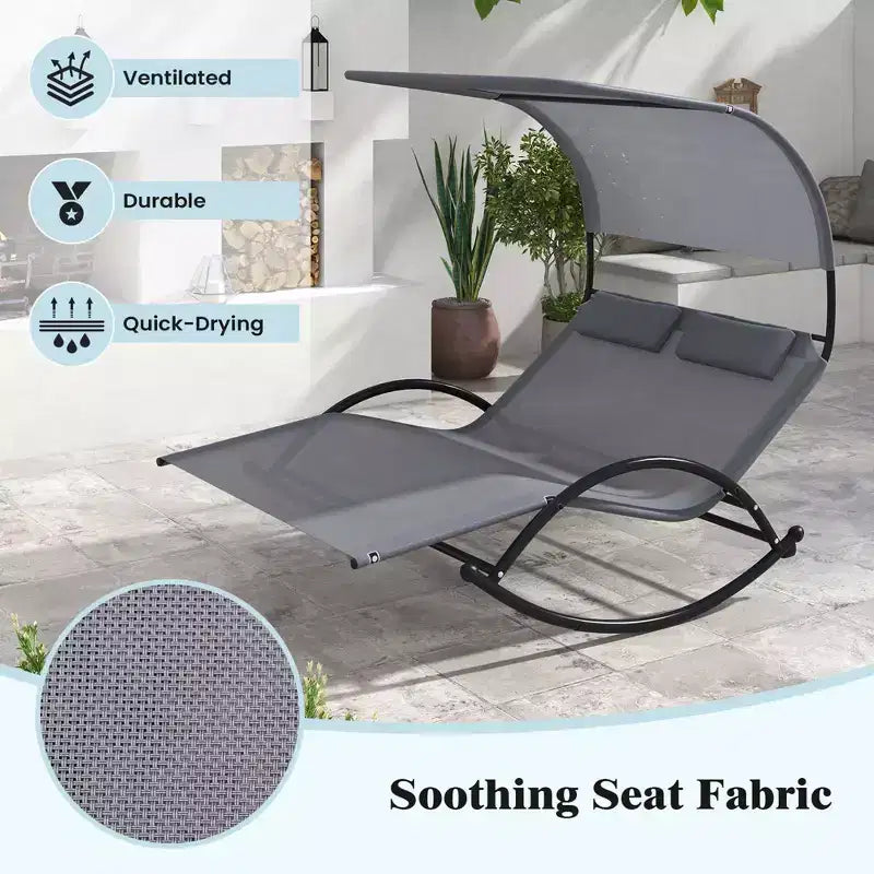 Costway Outdoor Dual Rocker Sunbed 2-Person Canopied Lounger with 2 Detachable Headrests