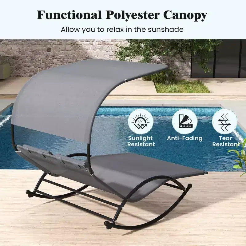 Costway Outdoor Dual Rocker Sunbed 2-Person Canopied Lounger with 2 Detachable Headrests