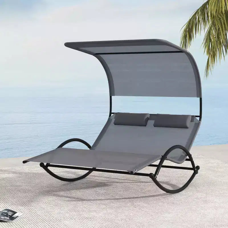 Costway Outdoor Dual Rocker Sunbed 2-Person Canopied Lounger with 2 Detachable Headrests
