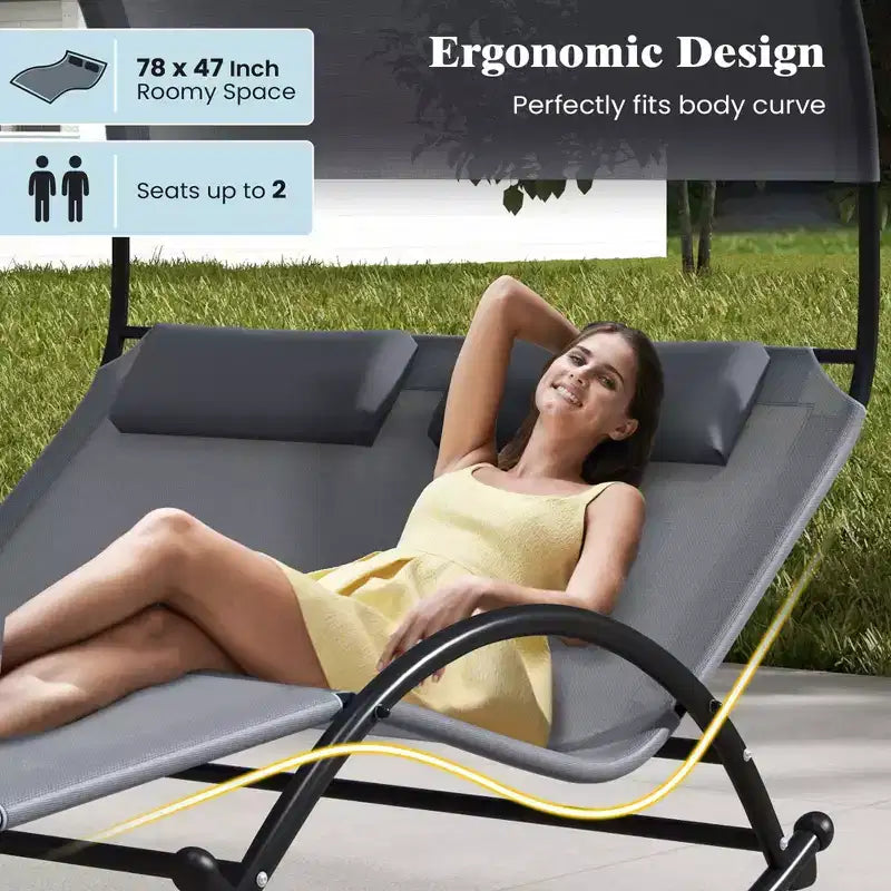 Costway Outdoor Dual Rocker Sunbed 2-Person Canopied Lounger with 2 Detachable Headrests