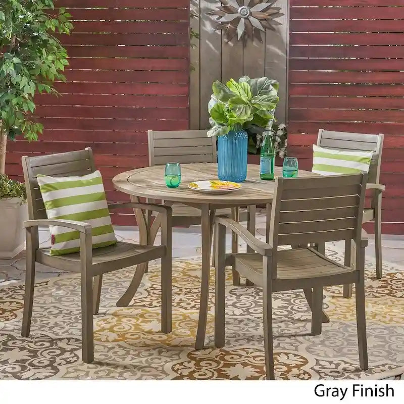 Wells Outdoor 4-Seater Round Acacia Wood Dining Set by Christopher Knight Home