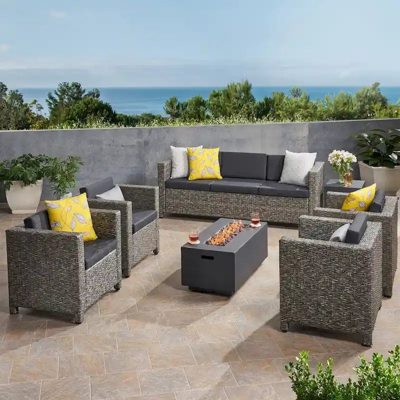 Hammersmith Outdoor 7 Seater Wicker Chat Set with Fire Pit by Christopher Knight Home