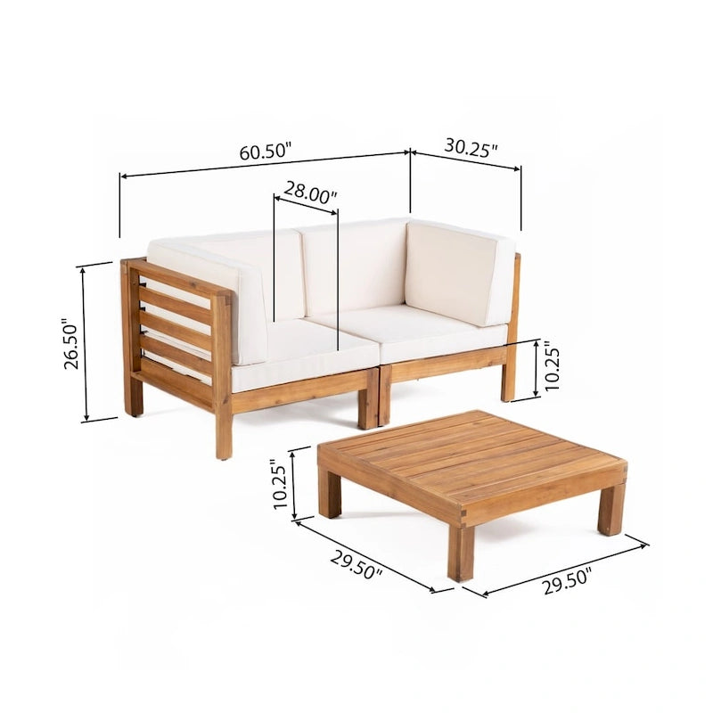 Oana Outdoor 2-Seater Acacia Wood Sectional Loveseat and Coffee Table Set with Cushions by Christopher Knight Home