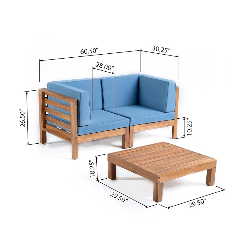 Oana Outdoor 2-Seater Acacia Wood Sectional Loveseat and Coffee Table Set with Cushions by Christopher Knight Home