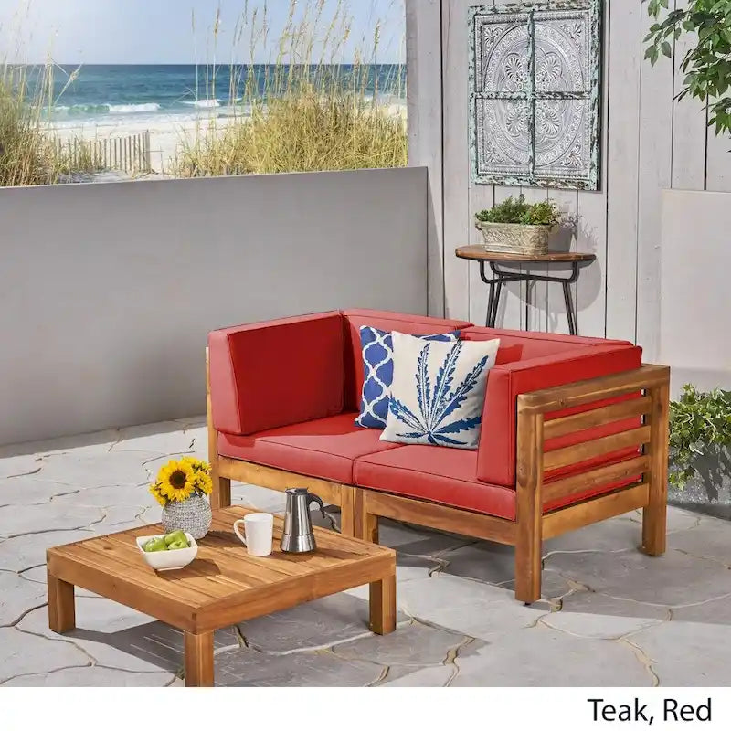 Oana Outdoor 2-Seater Acacia Wood Sectional Loveseat and Coffee Table Set with Cushions by Christopher Knight Home
