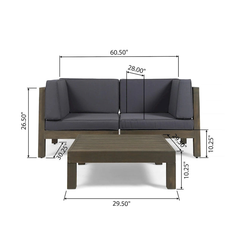 Oana Outdoor 2-Seater Acacia Wood Sectional Loveseat and Coffee Table Set with Cushions by Christopher Knight Home
