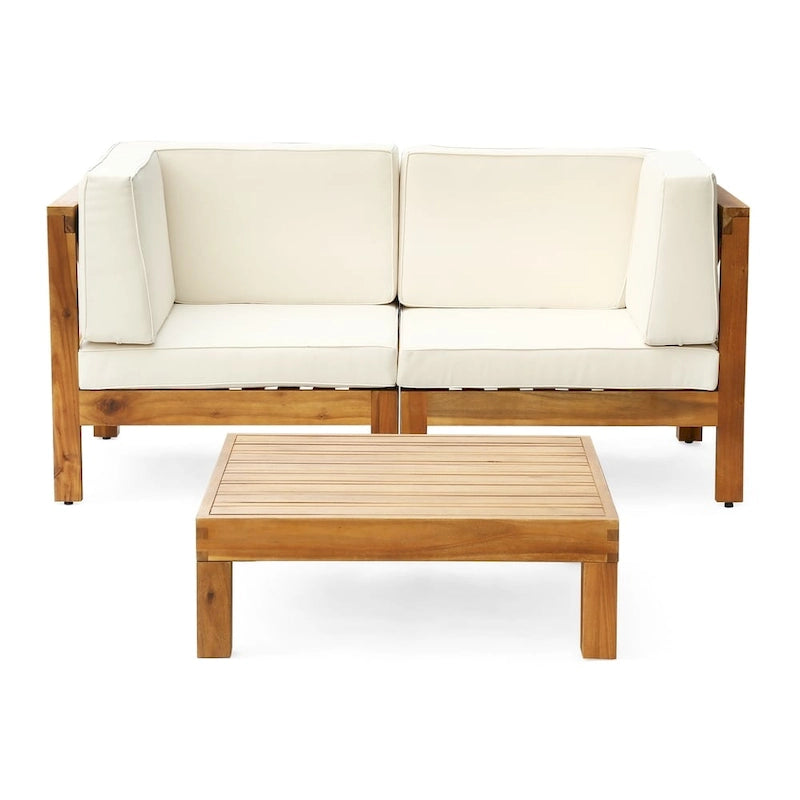 Oana Outdoor 2-Seater Acacia Wood Sectional Loveseat and Coffee Table Set with Cushions by Christopher Knight Home