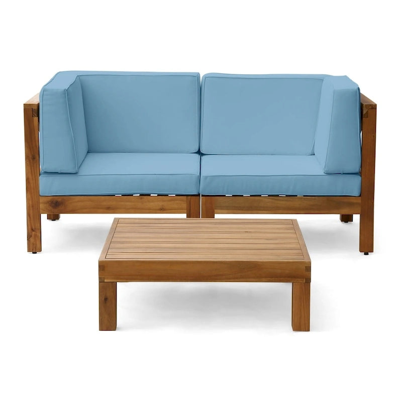 Oana Outdoor 2-Seater Acacia Wood Sectional Loveseat and Coffee Table Set with Cushions by Christopher Knight Home