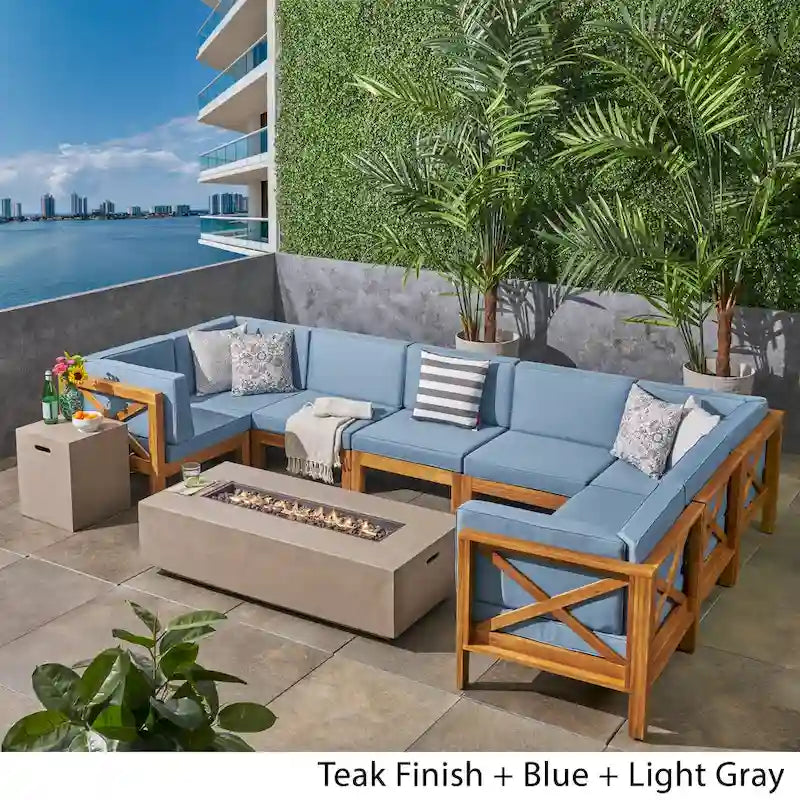 Brava Outdoor Acacia Wood 8 Seater U-Shaped Sectional Sofa Set with Fire Pit by Christopher Knight Home