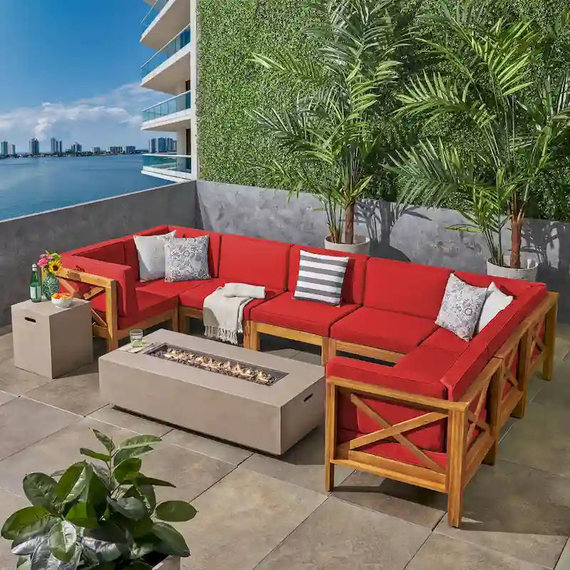 Brava Outdoor Acacia Wood 8 Seater U-Shaped Sectional Sofa Set with Fire Pit by Christopher Knight Home