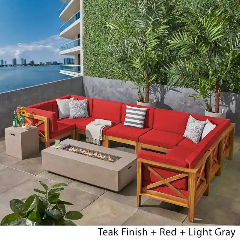 Brava Outdoor Acacia Wood 8 Seater U-Shaped Sectional Sofa Set with Fire Pit by Christopher Knight Home