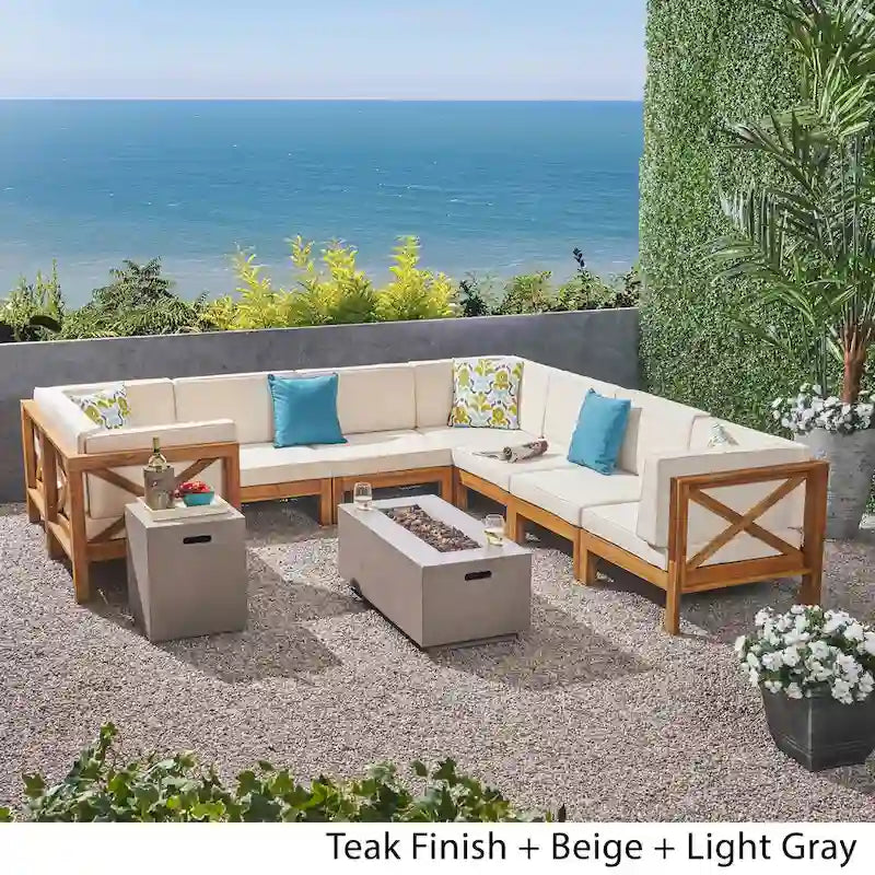 Brava Outdoor Acacia Wood 8 Seater U-Shaped Sectional Sofa Set with Fire Pit by Christopher Knight Home