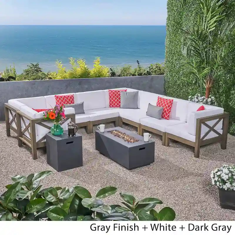 Brava Outdoor Acacia Wood 8 Seater U-Shaped Sectional Sofa Set with Fire Pit by Christopher Knight Home