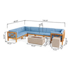 Brava Outdoor Acacia Wood 8 Seater U-Shaped Sectional Sofa Set with Fire Pit by Christopher Knight Home