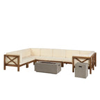 Brava Outdoor Acacia Wood 8 Seater U-Shaped Sectional Sofa Set with Fire Pit by Christopher Knight Home