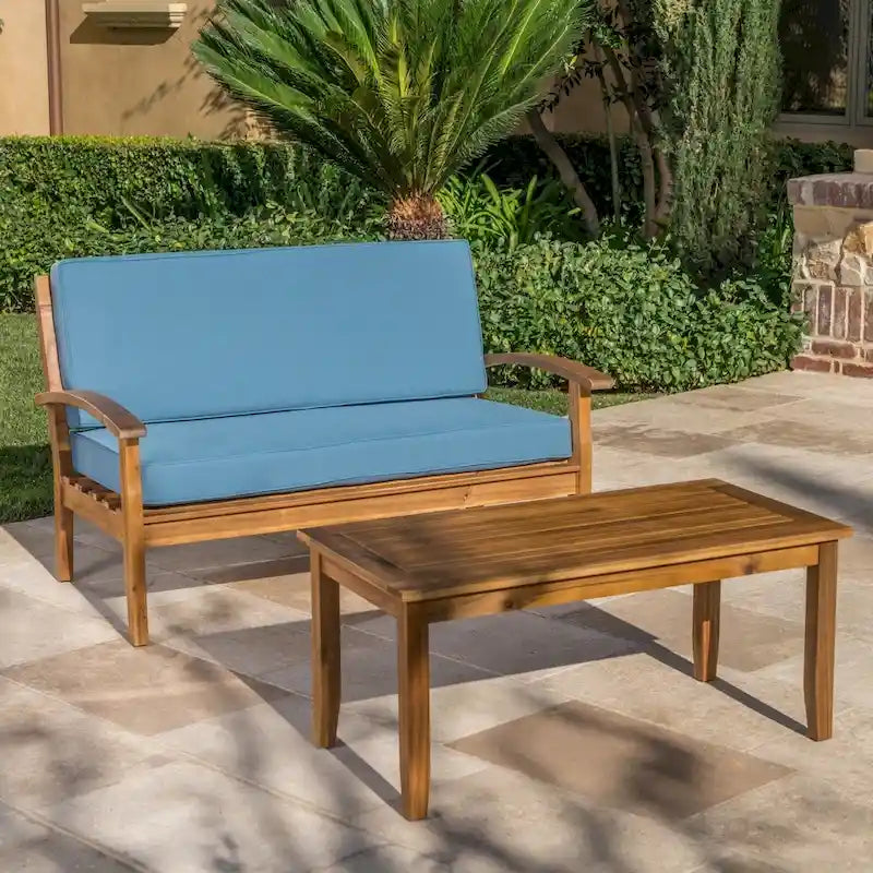Peyton Outdoor Cushioned Acacia Wood Loveseat and Table Set by Christopher Knight Home