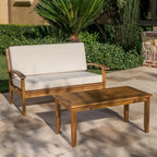 Peyton Outdoor Cushioned Acacia Wood Loveseat and Table Set by Christopher Knight Home