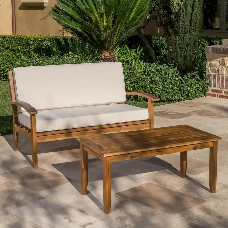 Peyton Outdoor Cushioned Acacia Wood Loveseat and Table Set by Christopher Knight Home