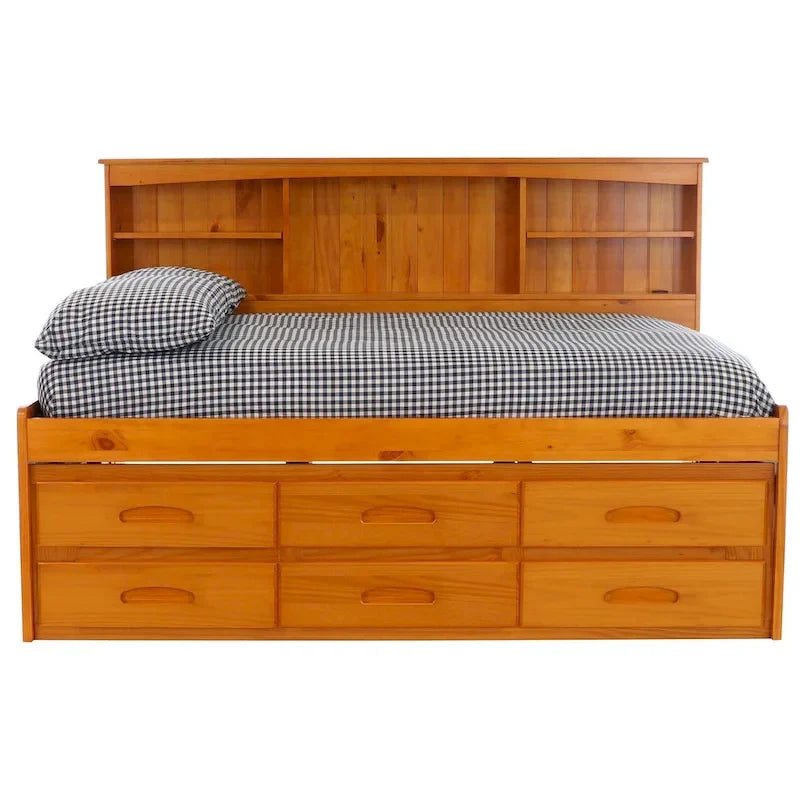 Divano letto a giorno matrimoniale in pino massiccio OS Home and Office Furniture con sei cassetti color miele caldo