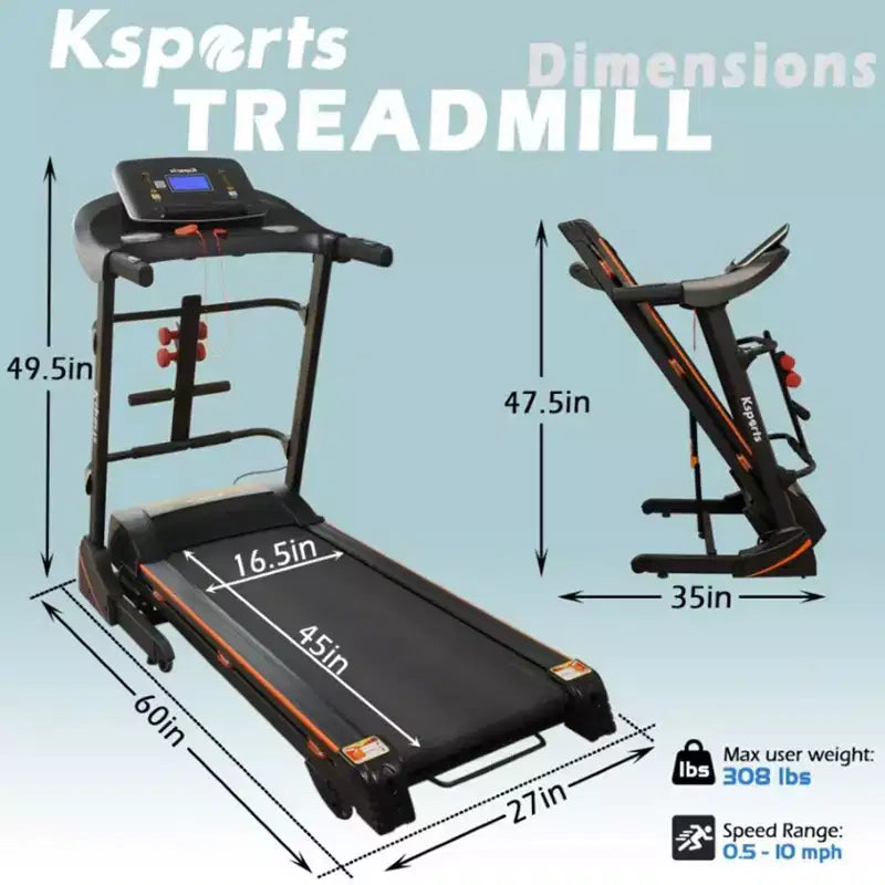 Tapis Roulant Elettrico Multifunzione Ksports, Set da Allenamento Cardio e Forza per Palestra Domestica con Tappetino per Addominali, Cinghia per Sit-Up e Inclinazione Regolabile