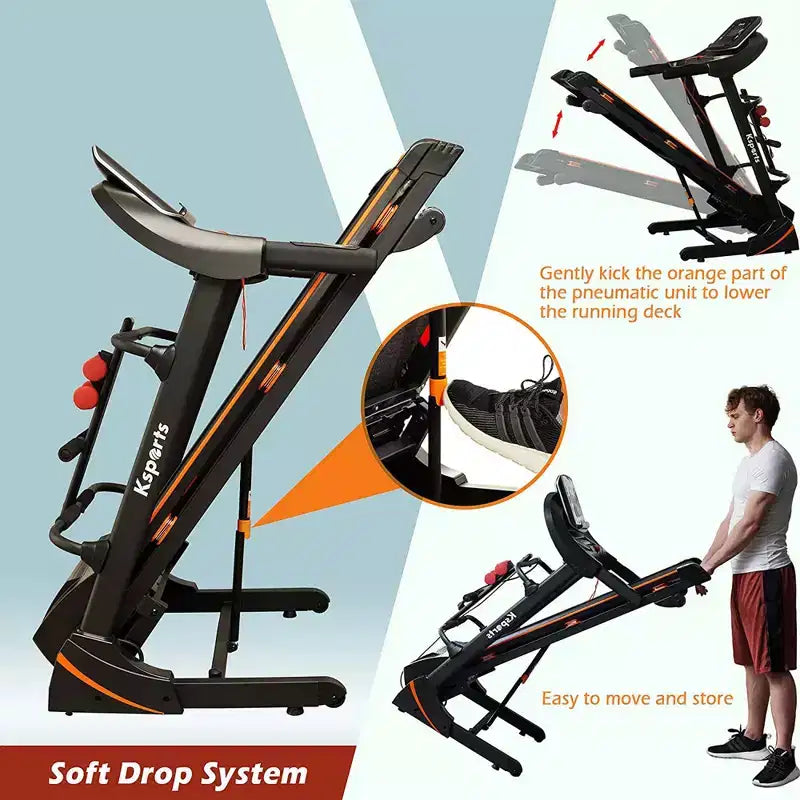 Tapis Roulant Elettrico Multifunzione Ksports, Set da Allenamento Cardio e Forza per Palestra Domestica con Tappetino per Addominali, Cinghia per Sit-Up e Inclinazione Regolabile