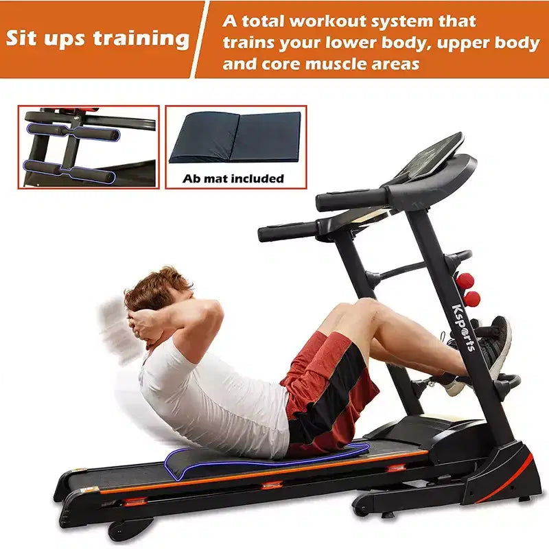 Tapis Roulant Elettrico Multifunzione Ksports, Set da Allenamento Cardio e Forza per Palestra Domestica con Tappetino per Addominali, Cinghia per Sit-Up e Inclinazione Regolabile