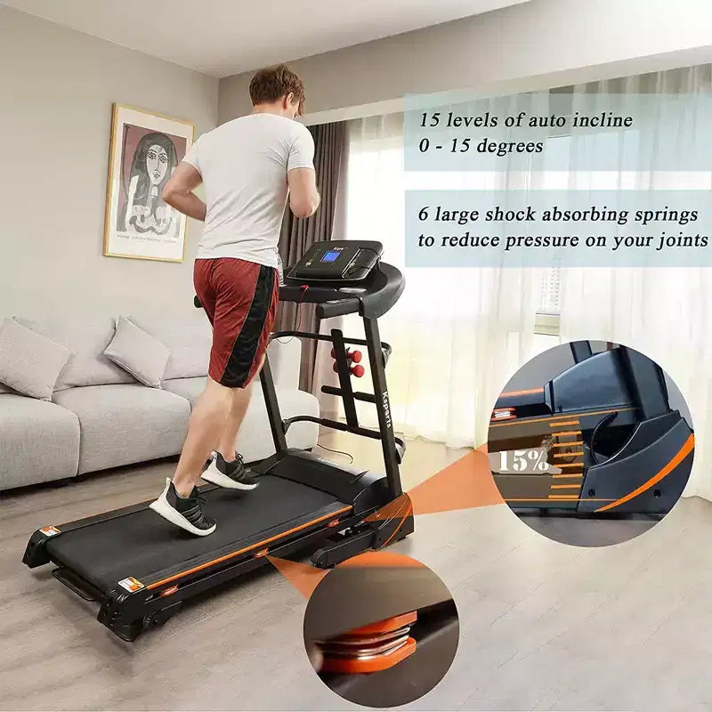 Tapis Roulant Elettrico Multifunzione Ksports, Set da Allenamento Cardio e Forza per Palestra Domestica con Tappetino per Addominali, Cinghia per Sit-Up e Inclinazione Regolabile