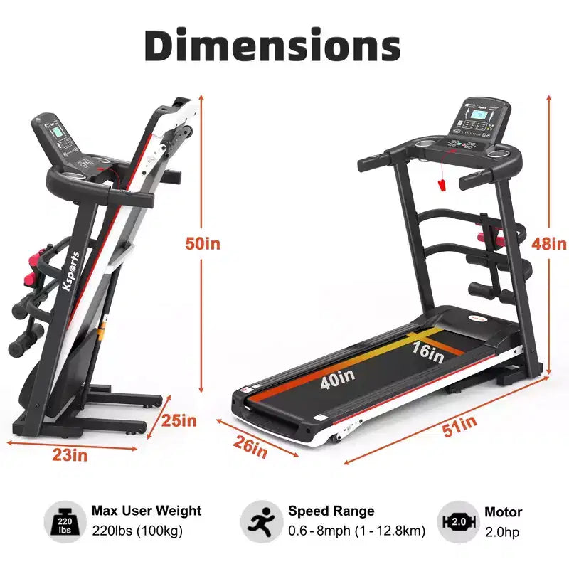 Tapis Roulant Elettrico Multifunzione Ksports, Set da Allenamento Cardio e Forza per Palestra Domestica con Tappetino per Addominali, Cinghia per Sit-Up e Inclinazione Regolabile