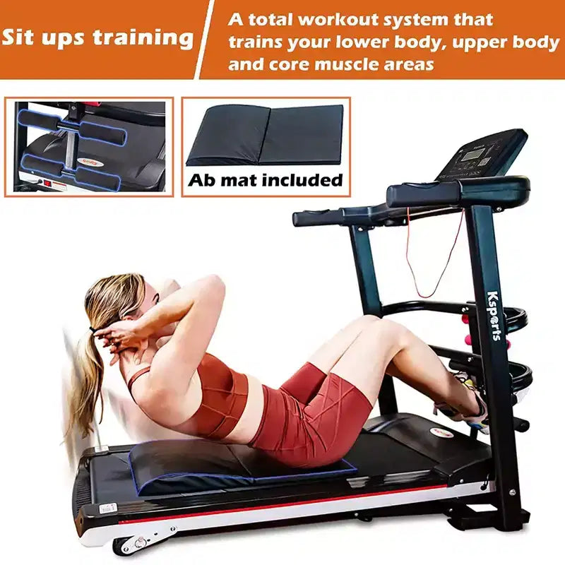 Tapis Roulant Elettrico Multifunzione Ksports, Set da Allenamento Cardio e Forza per Palestra Domestica con Tappetino per Addominali, Cinghia per Sit-Up e Inclinazione Regolabile