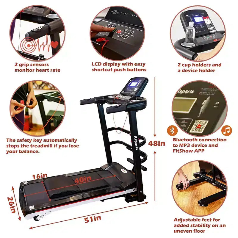 Tapis Roulant Elettrico Multifunzione Ksports, Set da Allenamento Cardio e Forza per Palestra Domestica con Tappetino per Addominali, Cinghia per Sit-Up e Inclinazione Regolabile