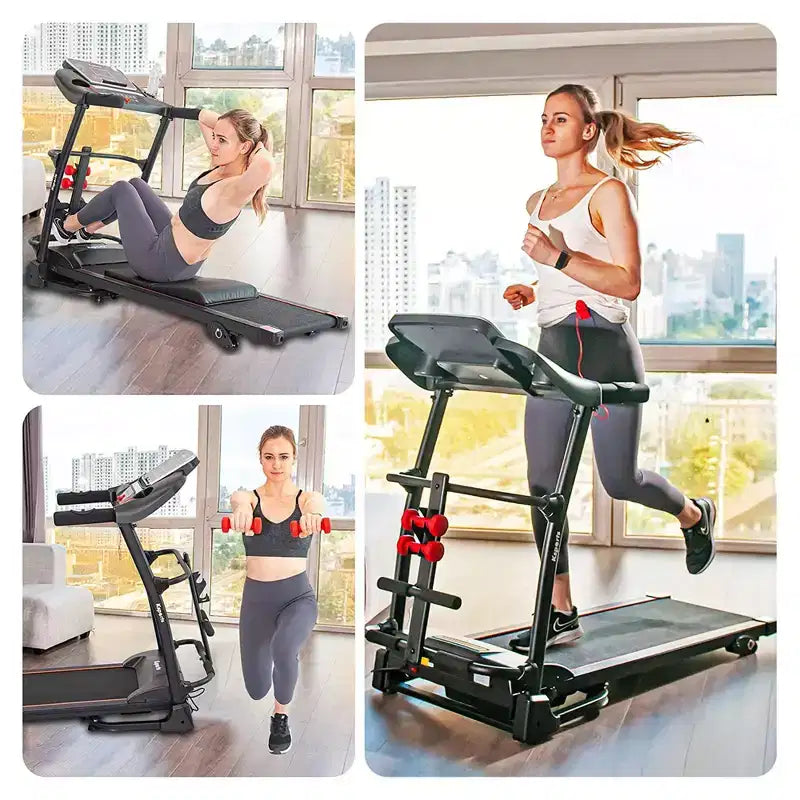 Tapis Roulant Elettrico Multifunzione Ksports, Set da Allenamento Cardio e Forza per Palestra Domestica con Tappetino per Addominali, Cinghia per Sit-Up e Inclinazione Regolabile