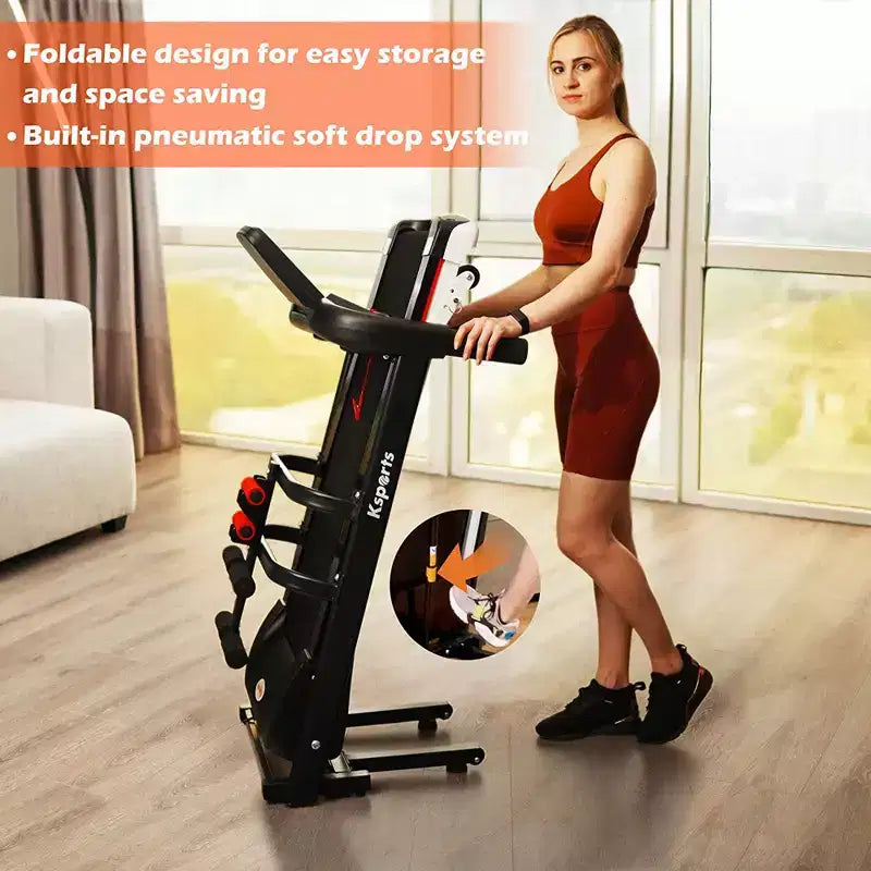Tapis Roulant Elettrico Multifunzione Ksports, Set da Allenamento Cardio e Forza per Palestra Domestica con Tappetino per Addominali, Cinghia per Sit-Up e Inclinazione Regolabile