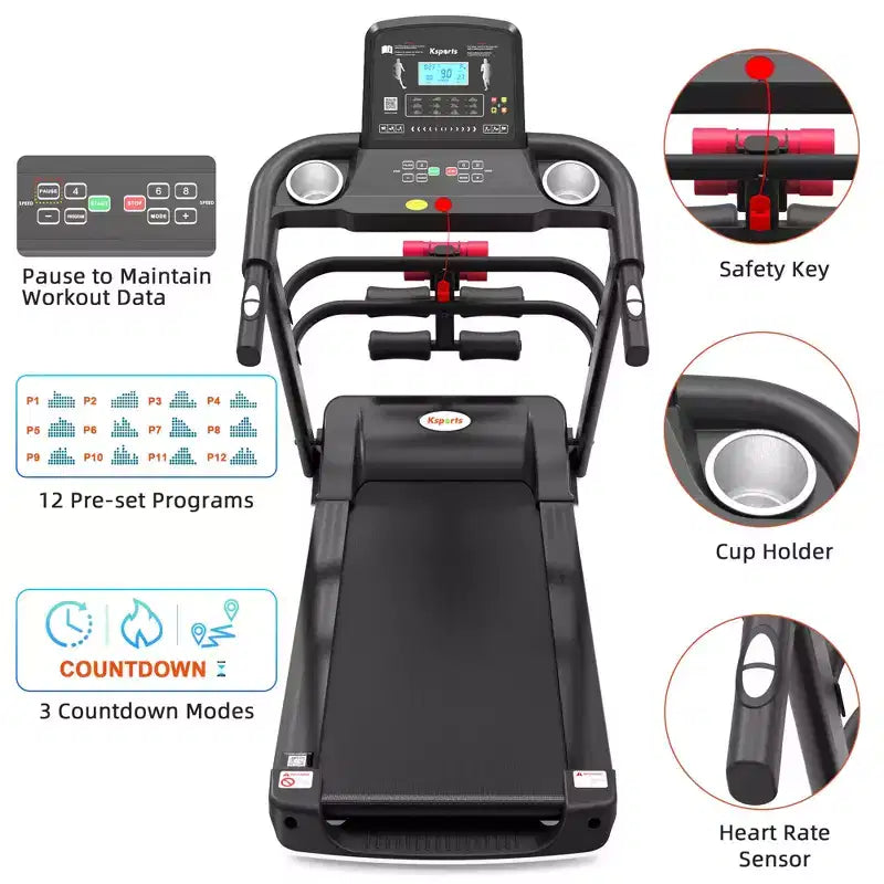Tapis Roulant Elettrico Multifunzione Ksports, Set da Allenamento Cardio e Forza per Palestra Domestica con Tappetino per Addominali, Cinghia per Sit-Up e Inclinazione Regolabile