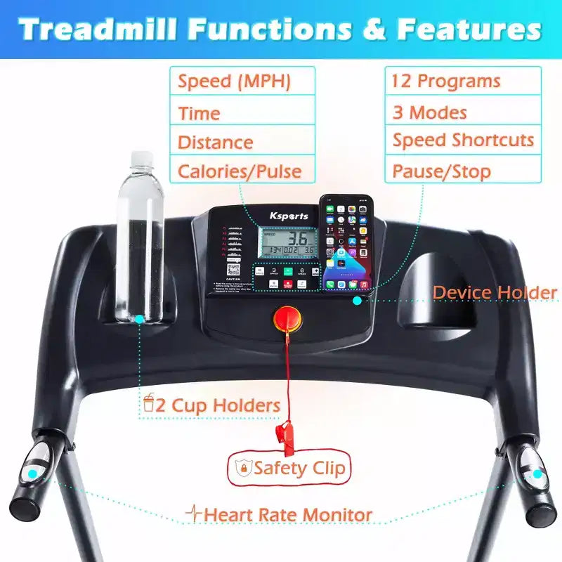 Tapis Roulant Elettrico Multifunzione Ksports, Set da Allenamento Cardio e Forza per Palestra Domestica con Tappetino per Addominali, Cinghia per Sit-Up e Inclinazione Regolabile