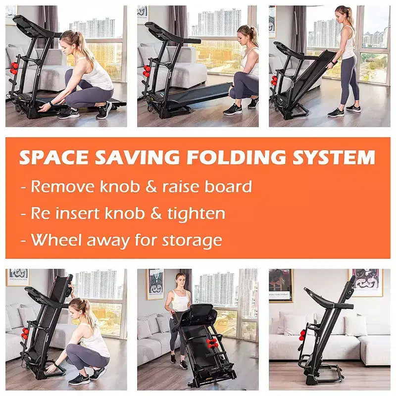 Tapis Roulant Elettrico Multifunzione Ksports, Set da Allenamento Cardio e Forza per Palestra Domestica con Tappetino per Addominali, Cinghia per Sit-Up e Inclinazione Regolabile