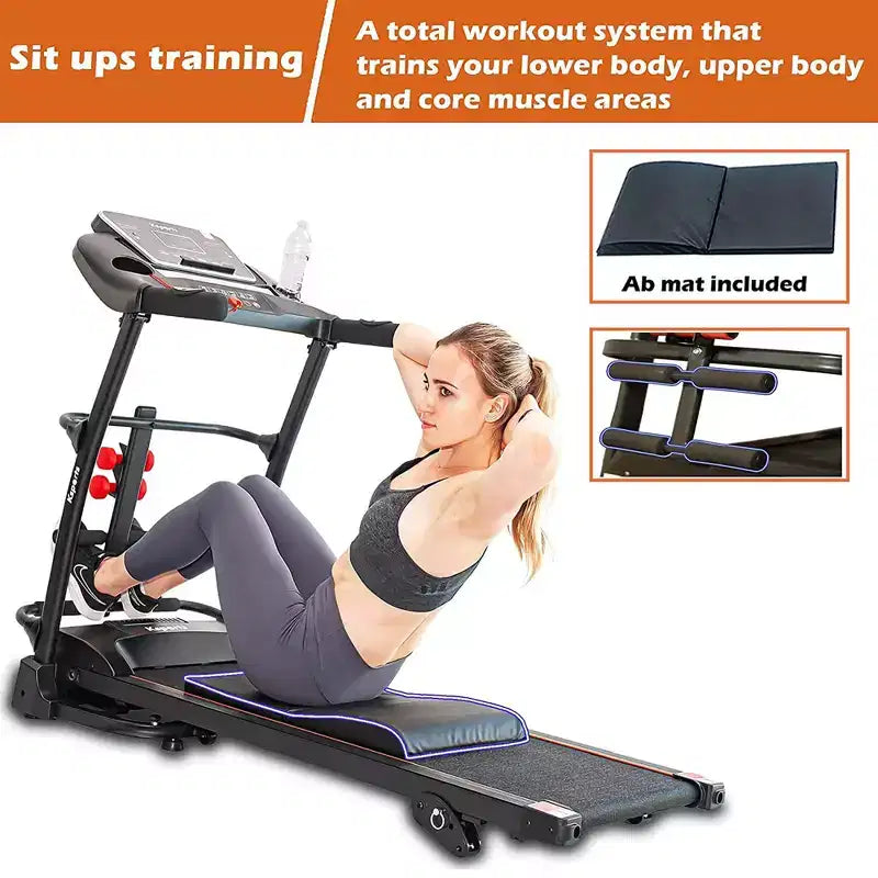 Tapis Roulant Elettrico Multifunzione Ksports, Set da Allenamento Cardio e Forza per Palestra Domestica con Tappetino per Addominali, Cinghia per Sit-Up e Inclinazione Regolabile