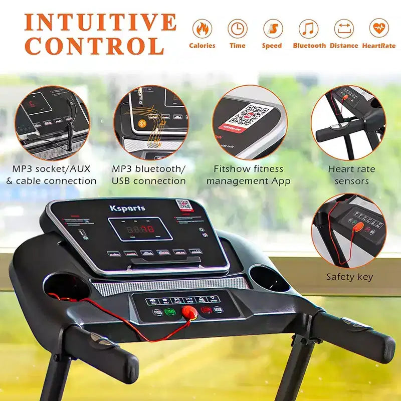 Tapis Roulant Elettrico Multifunzione Ksports, Set da Allenamento Cardio e Forza per Palestra Domestica con Tappetino per Addominali, Cinghia per Sit-Up e Inclinazione Regolabile