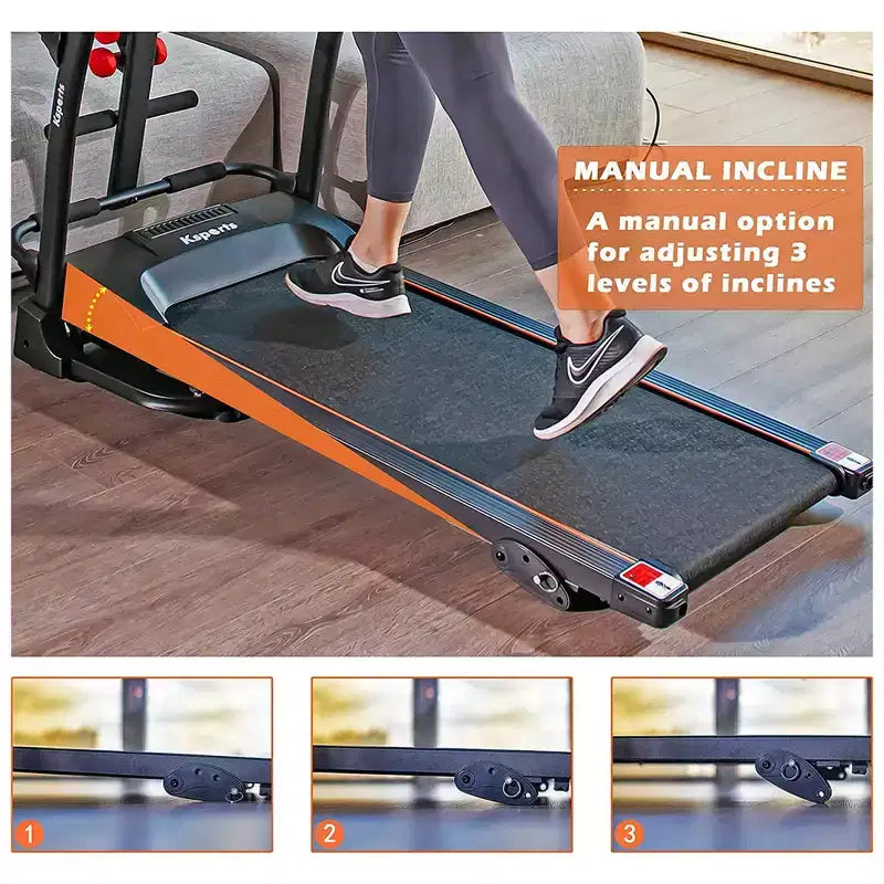 Tapis Roulant Elettrico Multifunzione Ksports, Set da Allenamento Cardio e Forza per Palestra Domestica con Tappetino per Addominali, Cinghia per Sit-Up e Inclinazione Regolabile