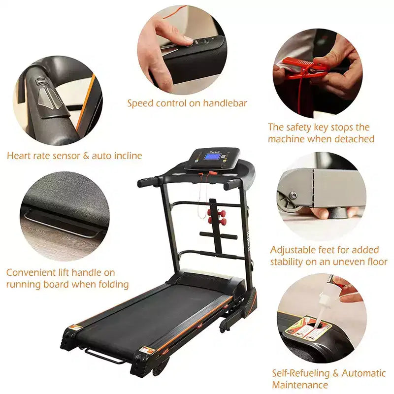 Tapis Roulant Elettrico Multifunzione Ksports, Set da Allenamento Cardio e Forza per Palestra Domestica con Tappetino per Addominali, Cinghia per Sit-Up e Inclinazione Regolabile