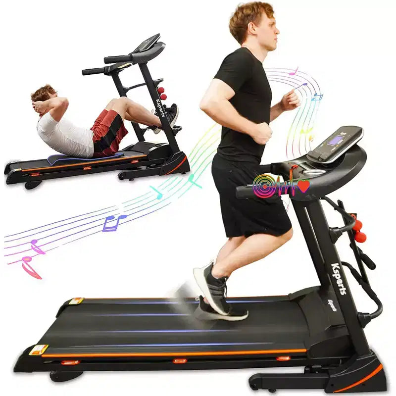 Tapis Roulant Elettrico Multifunzione Ksports, Set da Allenamento Cardio e Forza per Palestra Domestica con Tappetino per Addominali, Cinghia per Sit-Up e Inclinazione Regolabile