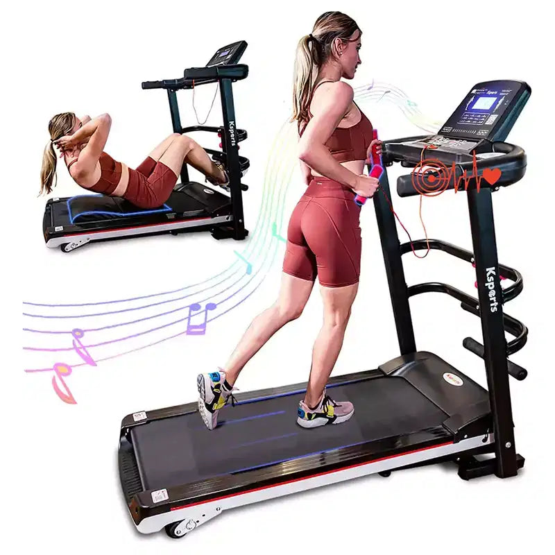 Tapis Roulant Elettrico Multifunzione Ksports, Set da Allenamento Cardio e Forza per Palestra Domestica con Tappetino per Addominali, Cinghia per Sit-Up e Inclinazione Regolabile