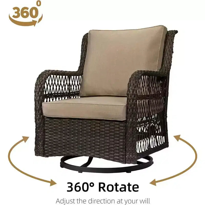 WhizMax Set da Patio Girevole a Dondolo in Vimini da Esterno 3 Pezzi, Set da Patio in Vimini con Sedie a Dondolo Girevoli a 360° con Cuscini e Tavolino Laterale con Piano in Vetro Rinforzato
