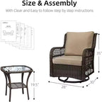 WhizMax Set da Patio Girevole a Dondolo in Vimini da Esterno 3 Pezzi, Set da Patio in Vimini con Sedie a Dondolo Girevoli a 360° con Cuscini e Tavolino Laterale con Piano in Vetro Rinforzato